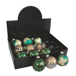 Palline di natale in vetro verde con decori oro